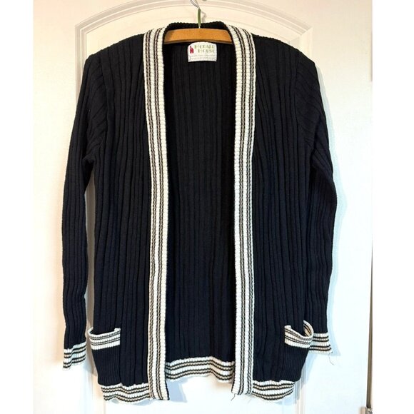 Vintage Women's Herald House Cardigan Sweater Acrylic Hippie‎ Mod Design Black - Picture 1 of 8